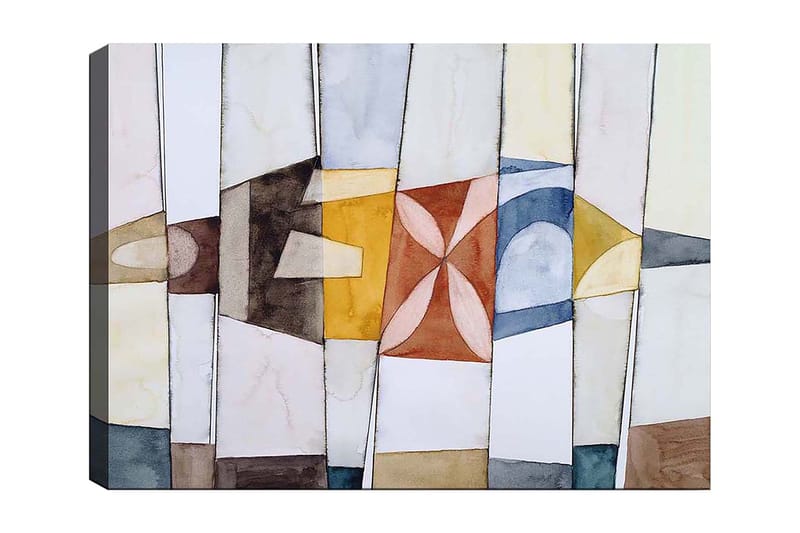 Canvas taulu 70x100 cm - Abstrakti sommitelma geometrisilla muodoilla lämpimissä ja viileissä väreissä, Kulta / Sininen / Ruskea