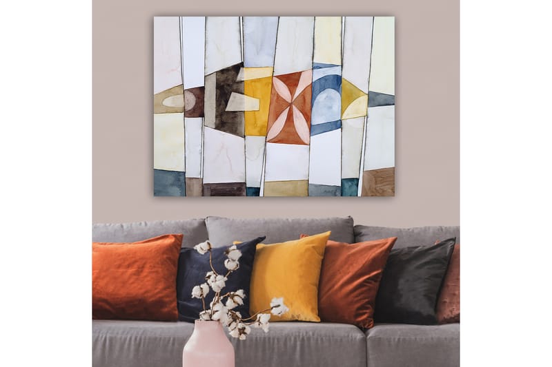 Canvas taulu 70x100 cm - Abstrakti sommitelma geometrisilla muodoilla lämpimissä ja viileissä väreissä - Kulta / Sininen / Ruskea - Sisustustuotteet - Taulu & taide - Canvas-taulu