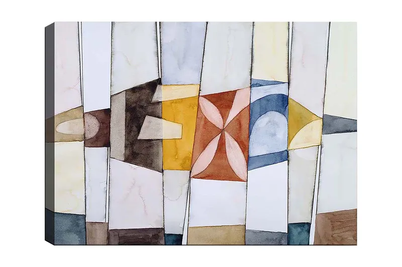 Canvas taulu 70x100 cm - Abstrakti sommitelma geometrisilla muodoilla lämpimissä ja viileissä väreissä, Kulta / Sininen / Ruskea