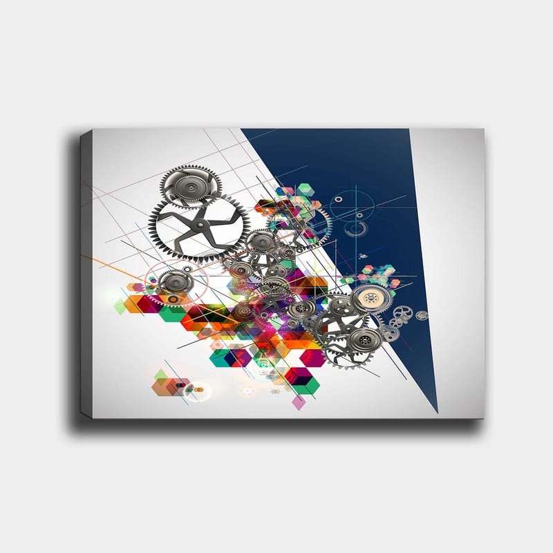 Canvas taulu 70x100 cm - Abstrakti sommitelma hammasrattaista ja geometrisista muodoista kirkkaissa väreissä, Harmaa / Punainen / Vihreä