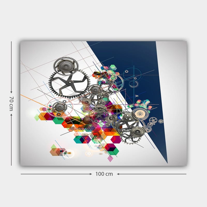 Canvas taulu 70x100 cm - Abstrakti sommitelma hammasrattaista ja geometrisista muodoista kirkkaissa väreissä - Harmaa / Punainen / Vihreä - Sisustustuotteet - Taulu & taide - Canvas-taulu