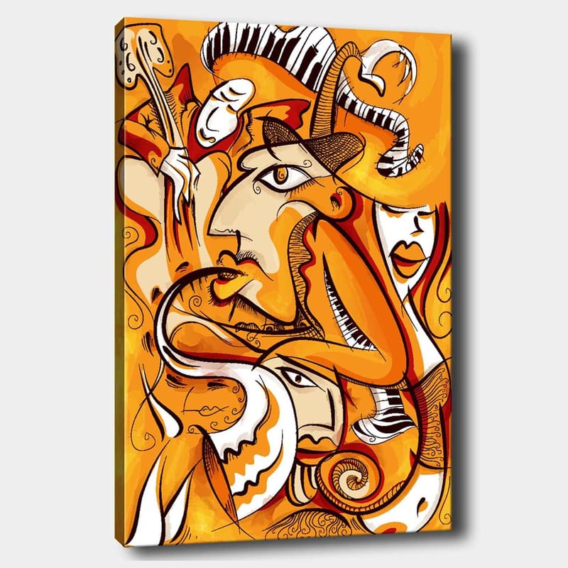 Canvas taulu 70x100 cm - Abstrakti sommitelma kasvoista ja muodoista lämpimin oranssin sävyin, Oranssi / Valkoinen / Musta
