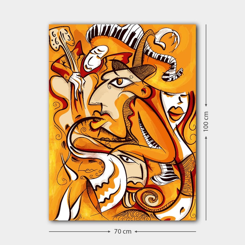 Canvas taulu 70x100 cm - Abstrakti sommitelma kasvoista ja muodoista lämpimin oranssin sävyin - Oranssi / Valkoinen / Musta - Sisustustuotteet - Taulu & taide - Canvas-taulu