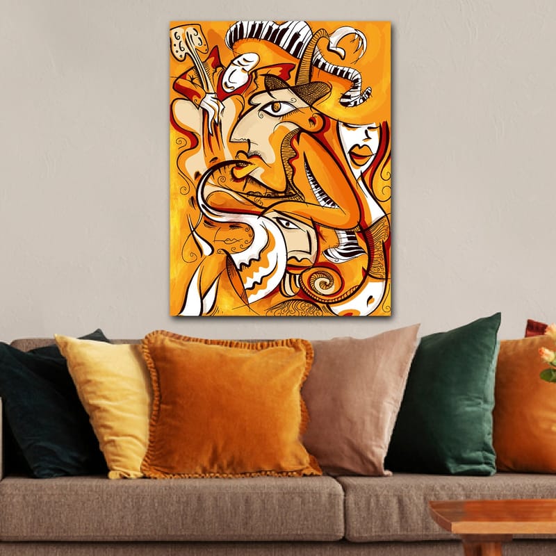 Canvas taulu 70x100 cm - Abstrakti sommitelma kasvoista ja muodoista lämpimin oranssin sävyin - Oranssi / Valkoinen / Musta - Sisustustuotteet - Taulu & taide - Canvas-taulu