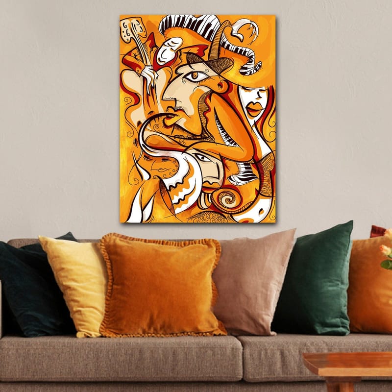 Canvas taulu 70x100 cm - Abstrakti sommitelma kasvoista ja muodoista lämpimin oranssin sävyin - Oranssi / Valkoinen / Musta - Sisustustuotteet - Taulu & taide - Canvas-taulu