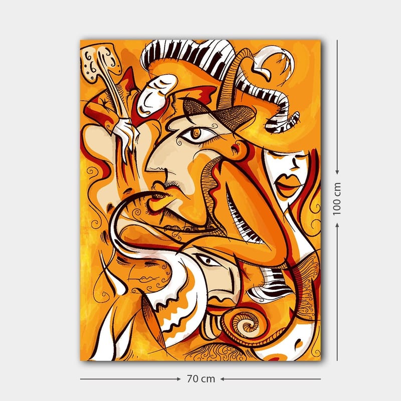 Canvas taulu 70x100 cm - Abstrakti sommitelma kasvoista ja muodoista lämpimin oranssin sävyin - Oranssi / Valkoinen / Musta - Sisustustuotteet - Taulu & taide - Canvas-taulu