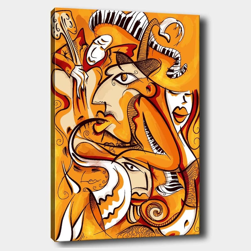 Canvas taulu 70x100 cm - Abstrakti sommitelma kasvoista ja muodoista lämpimin oranssin sävyin, Oranssi / Valkoinen / Musta