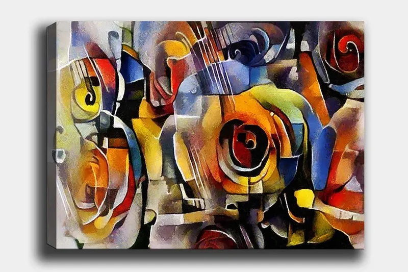 Canvas taulu 70x100 cm - Abstrakti sommitelma kitaroilla ja ruusuilla kirkkaissa väreissä, Punainen / Keltainen / Sininen