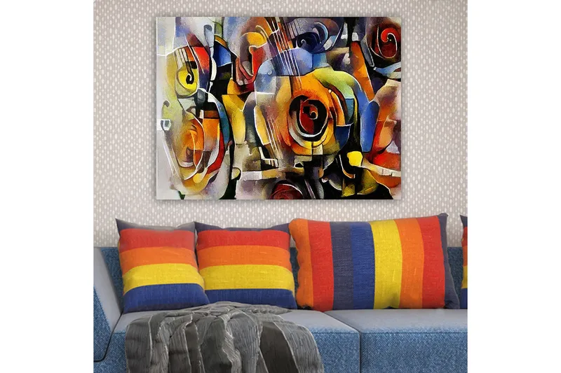 Canvas taulu 70x100 cm - Abstrakti sommitelma kitaroilla ja ruusuilla kirkkaissa väreissä - Punainen / Keltainen / Sininen - Sisustustuotteet - Taulu & taide - Canvas-taulu