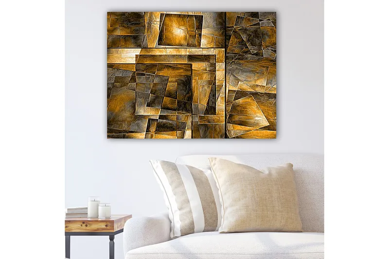 Canvas taulu 70x100 cm - Abstrakti sommitelma lämpimin sävyin geometrisilla muodoilla, Kulta / Ruskea / Harmaa