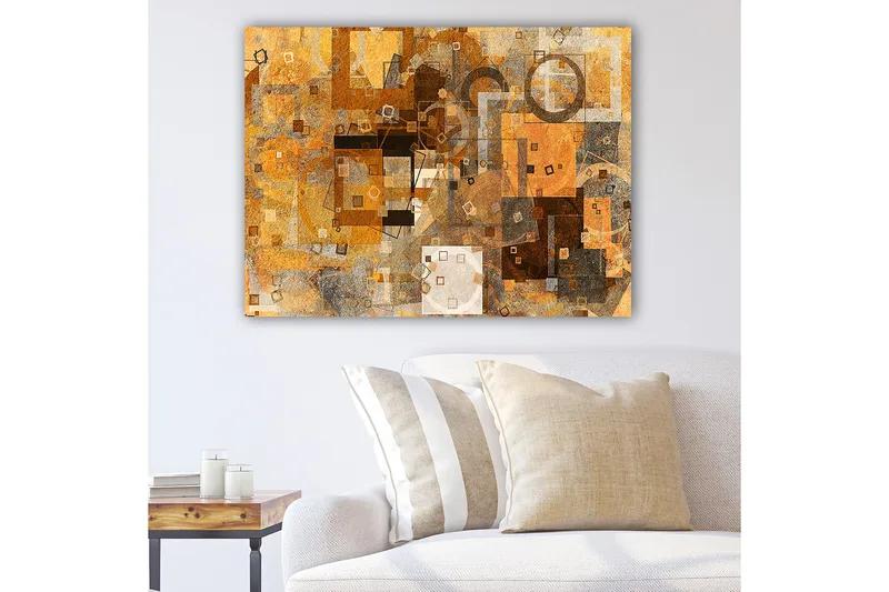 Canvas taulu 70x100 cm - Abstrakti sommitelma lämpimin sävyin geometrisilla muodoilla, Kulta / Ruskea / Harmaa