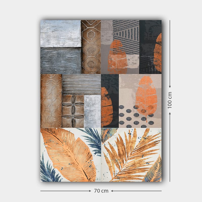Canvas taulu 70x100 cm - Abstrakti sommitelma lehtiaiheilla ja geometrisilla kuvioilla maanläheisissä sävyissä - Oranssi / Harmaa / Beige - Sisustustuotteet - Taulu & taide - Canvas-taulu