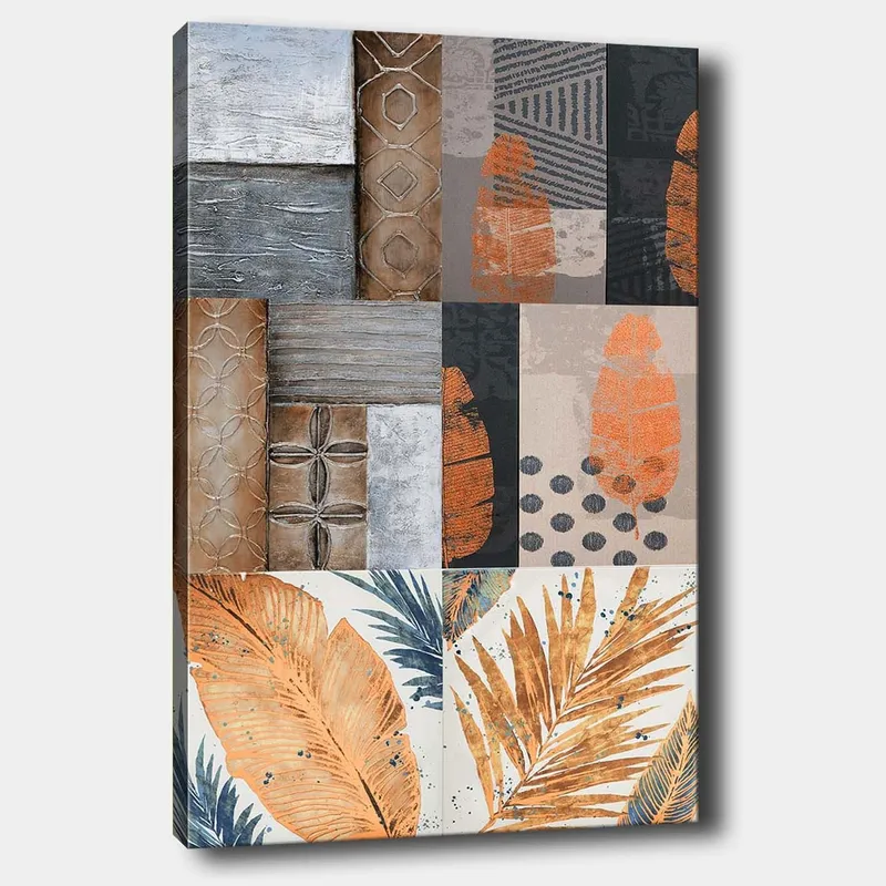 Canvas taulu 70x100 cm - Abstrakti sommitelma lehtiaiheilla ja geometrisilla kuvioilla maanläheisissä sävyissä, Oranssi / Harmaa / Beige