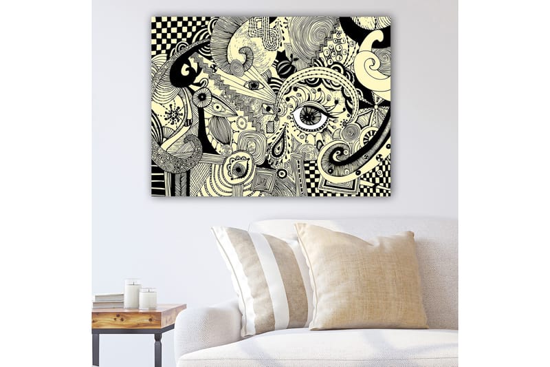 Canvas taulu 70x100 cm - Abstrakti sommitelma mustilla viivoilla ja kuvioilla vaalealla taustalla - Musta / Vaaleankeltainen - Sisustustuotteet - Taulu & taide - Canvas-taulu