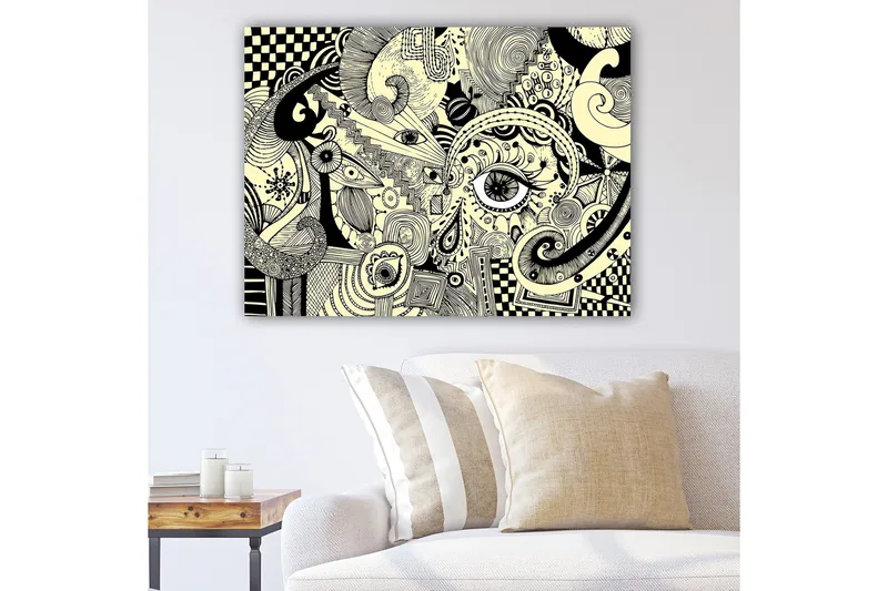 Canvas taulu 70x100 cm - Abstrakti sommitelma mustilla viivoilla ja kuvioilla vaalealla taustalla, Musta / Vaaleankeltainen