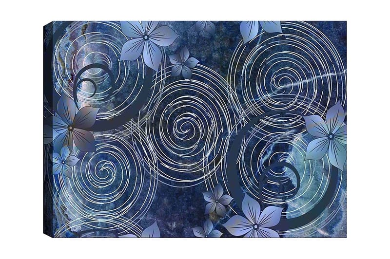 Canvas taulu 70x100 cm - Abstrakti sommitelma spiraaleilla ja kukilla harmonisessa asetelmassa, Tummansininen / Vaaleansininen / Valkoinen