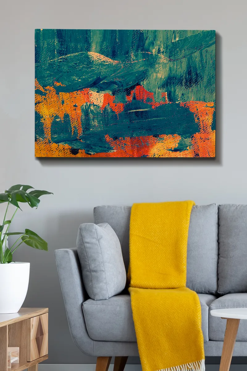 Canvas taulu 70x100 cm - Abstrakti sommitelma syvän vihreän ja lämpimän oranssin sävyillä - Tummanvihreä / Oranssi - Sisustustuotteet - Taulu & taide - Canvas-taulu