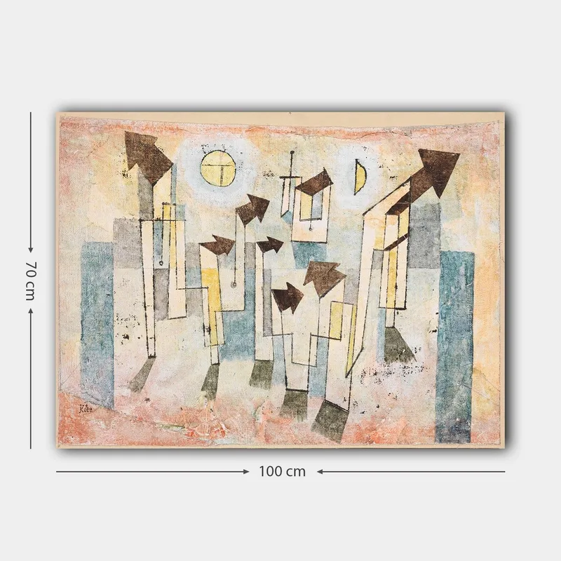Canvas taulu 70x100 cm - Abstrakti sommitelma tyylitellyillä taloilla ja ylöspäin osoittavilla nuolilla - Beige / Vihreä / Sininen - Sisustustuotteet - Taulu & taide - Canvas-taulu