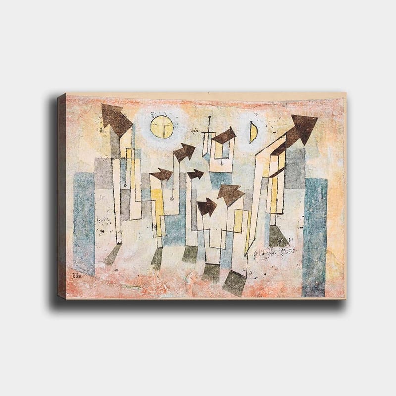 Canvas taulu 70x100 cm - Abstrakti sommitelma tyylitellyillä taloilla ja ylöspäin osoittavilla nuolilla, Beige / Vihreä / Sininen