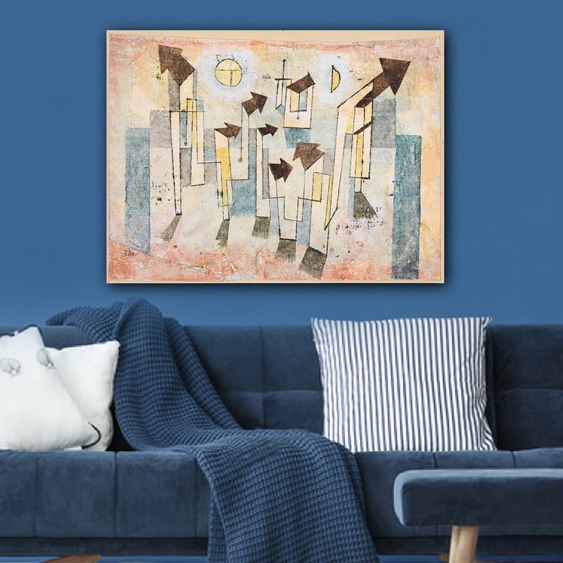 Canvas taulu 70x100 cm - Abstrakti sommitelma tyylitellyillä taloilla ja ylöspäin osoittavilla nuolilla - Beige / Vihreä / Sininen - Sisustustuotteet - Taulu & taide - Canvas-taulu