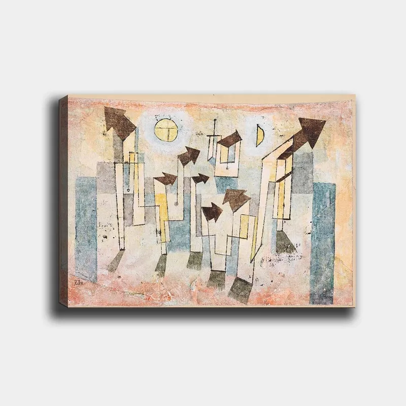 Canvas taulu 70x100 cm - Abstrakti sommitelma tyylitellyillä taloilla ja ylöspäin osoittavilla nuolilla, Beige / Vihreä / Sininen