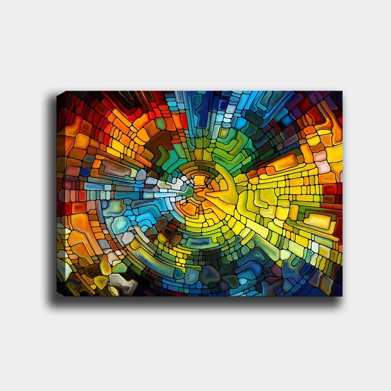 Canvas taulu 70x100 cm - Abstrakti sommitelma värikkäillä geometrisilla muodoilla, jotka luovat dynaamista liikettä, Keltainen / Sininen / Punainen