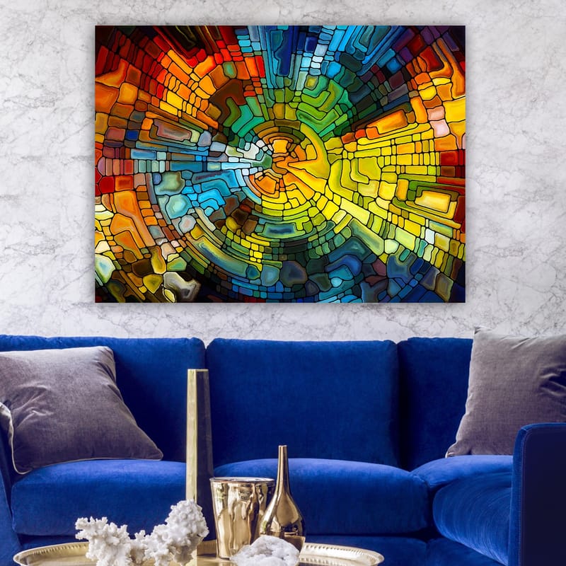 Canvas taulu 70x100 cm - Abstrakti sommitelma värikkäillä geometrisilla muodoilla, jotka luovat dynaamista liikettä - Keltainen / Sininen / Punainen - Sisustustuotteet - Taulu & taide - Canvas-taulu