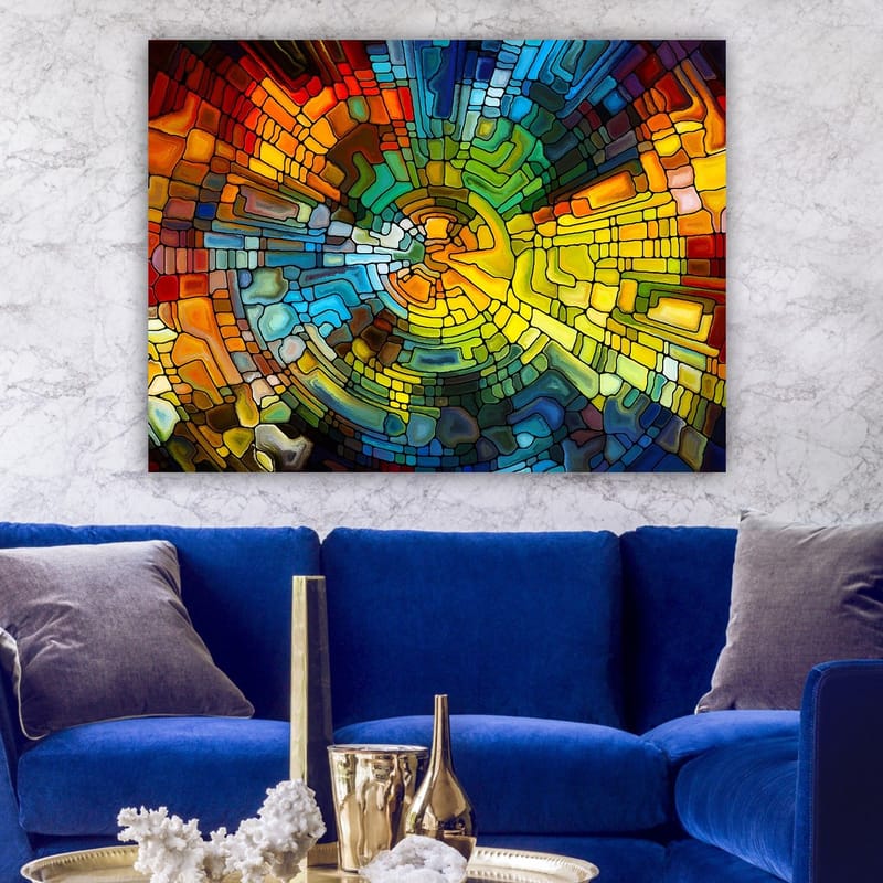 Canvas taulu 70x100 cm - Abstrakti sommitelma värikkäillä geometrisilla muodoilla, jotka luovat dynaamista liikettä - Keltainen / Sininen / Punainen - Sisustustuotteet - Taulu & taide - Canvas-taulu