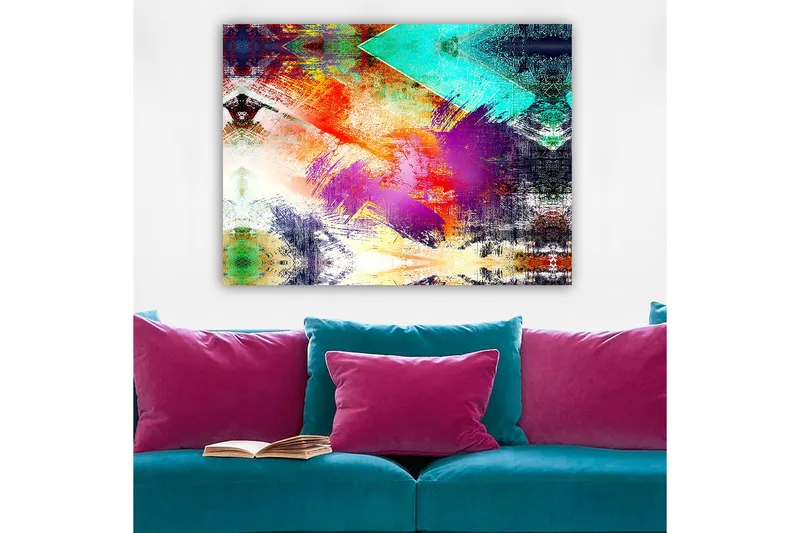 Canvas taulu 70x100 cm - Abstrakti sommitelma värikkäillä geometrisilla muodoilla ja dynaamisilla siveltimenvedoilla - Turkoosi / Violetti / Punainen - Sisustustuotteet - Taulu & taide - Canvas-taulu