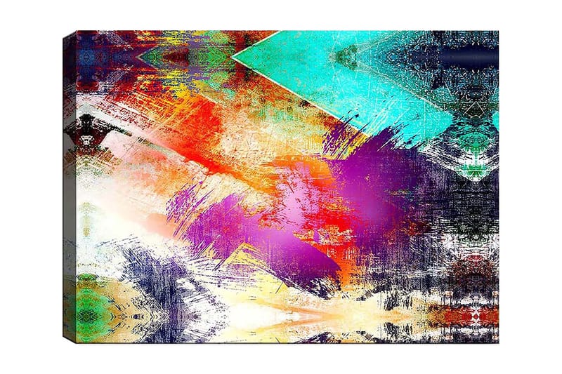 Canvas taulu 70x100 cm - Abstrakti sommitelma värikkäillä geometrisilla muodoilla ja dynaamisilla siveltimenvedoilla, Turkoosi / Violetti / Punainen