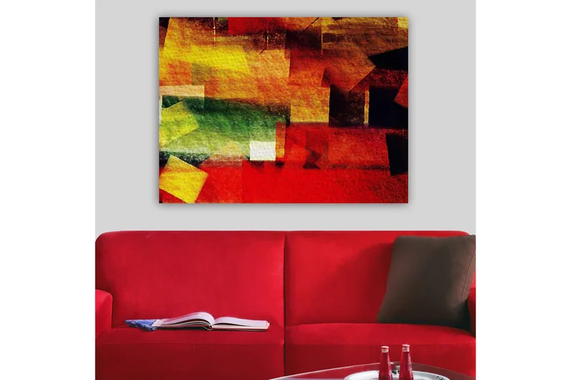 Canvas taulu 70x100 cm - Abstrakti sommitelma värikkäillä geometrisilla muodoilla punaisen, keltaisen ja vihreän sävyissä - Punainen / Keltainen / Vihreä - Sisustustuotteet - Taulu & taide - Canvas-taulu