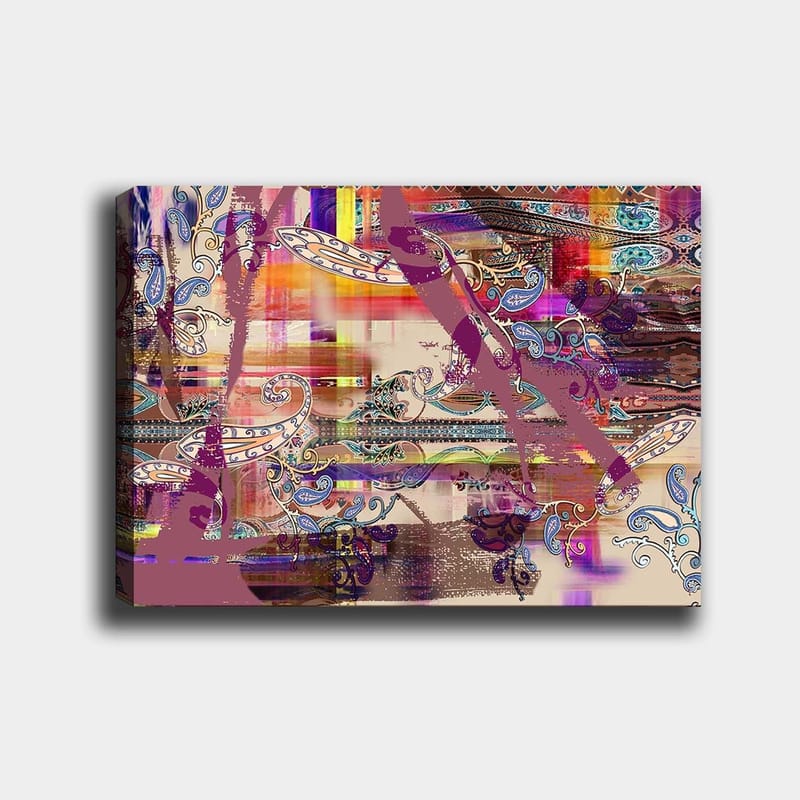 Canvas taulu 70x100 cm - Abstrakti sommitelma värikkäillä kuvioilla ja koriste-elementeillä, Violetti / Oranssi / Sininen