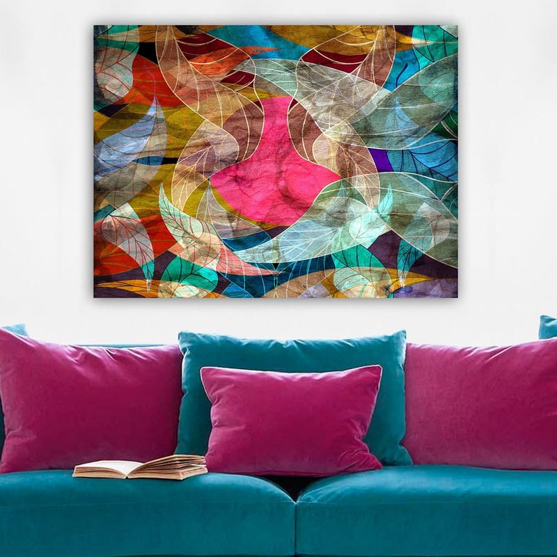 Canvas taulu 70x100 cm - Abstrakti sommitelma värikkäillä lehtimuodoilla ja keskellä vaaleanpunaisella hahmolla - Vaaleanpunainen / Turkoosi / Kullanruskea - Sisustustuotteet - Taulu & taide - Canvas-taulu