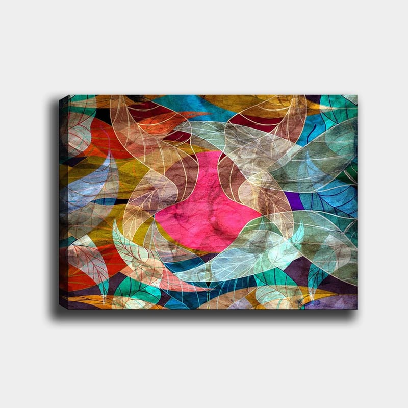 Canvas taulu 70x100 cm - Abstrakti sommitelma värikkäillä lehtimuodoilla ja keskellä vaaleanpunaisella hahmolla, Vaaleanpunainen / Turkoosi / Kullanruskea