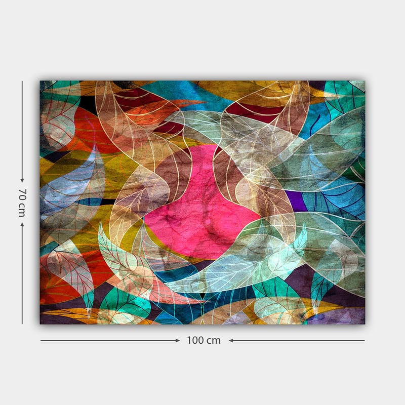 Canvas taulu 70x100 cm - Abstrakti sommitelma värikkäillä lehtimuodoilla ja keskellä vaaleanpunaisella hahmolla - Vaaleanpunainen / Turkoosi / Kullanruskea - Sisustustuotteet - Taulu & taide - Canvas-taulu