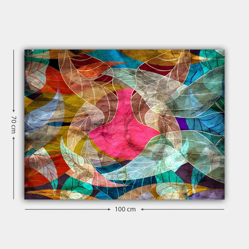 Canvas taulu 70x100 cm - Abstrakti sommitelma värikkäillä lehtimuodoilla ja keskellä vaaleanpunaisella hahmolla - Vaaleanpunainen / Turkoosi / Kullanruskea - Sisustustuotteet - Taulu & taide - Canvas-taulu