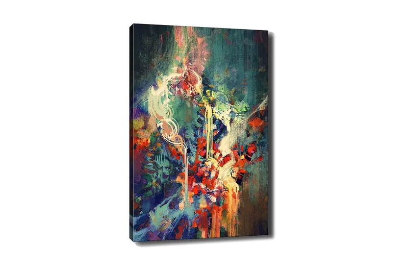 Canvas taulu 70x100 cm - Abstrakti sommitelma värikkäillä muodoilla ja dynaamisilla viivoilla, Punainen / Vihreä / Sininen