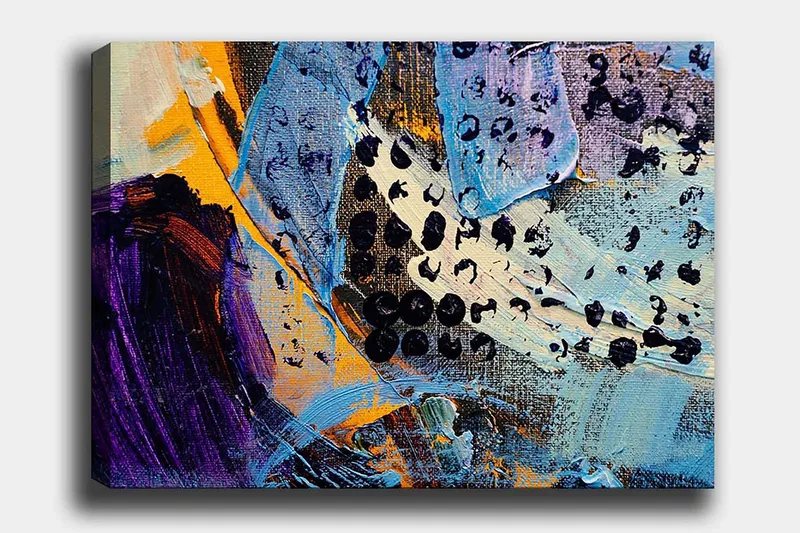 Canvas taulu 70x100 cm - Abstrakti sommitelma värikkäillä muodoilla ja tekstuureilla, Sininen / Musta / Oranssi