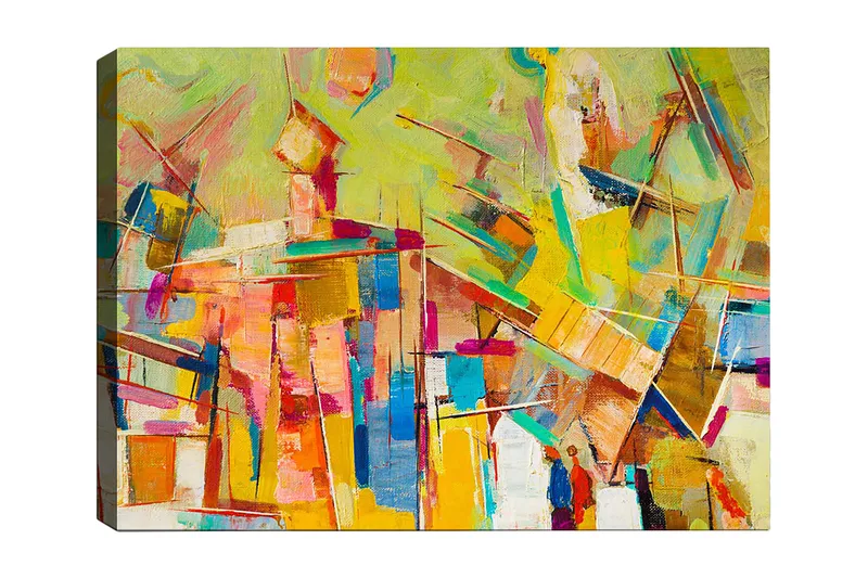 Canvas taulu 70x100 cm - Abstrakti sommitelma värikkäillä muodoilla ja viivoilla, jotka luovat dynaamisen tunnelman, Keltainen / Vaaleanpunainen / Sininen