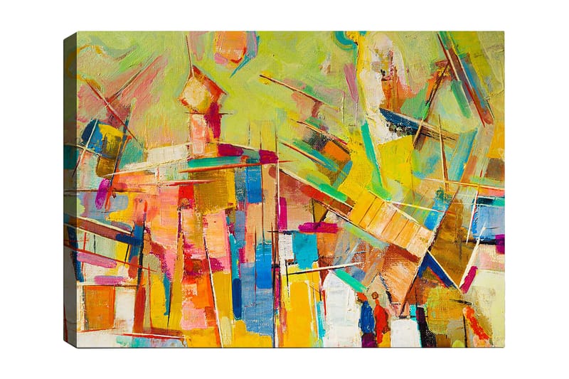 Canvas taulu 70x100 cm - Abstrakti sommitelma värikkäillä muodoilla ja viivoilla, jotka luovat dynaamisen tunnelman, Keltainen / Vaaleanpunainen / Sininen