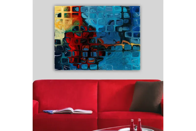 Canvas taulu 70x100 cm - Abstrakti sommitelma värikkäillä sinisillä ja punaisilla neliöillä - Sininen / Punainen / Oranssi - Sisustustuotteet - Taulu & taide - Canvas-taulu