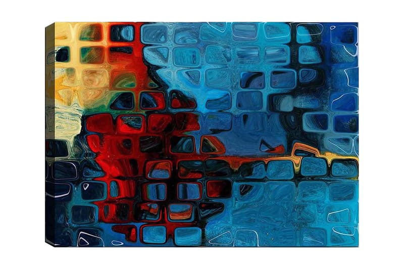 Canvas taulu 70x100 cm - Abstrakti sommitelma värikkäillä sinisillä ja punaisilla neliöillä, Sininen / Punainen / Oranssi