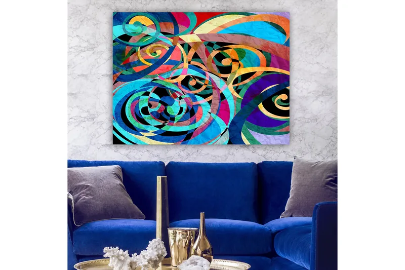 Canvas taulu 70x100 cm - Abstrakti sommitelma värikkäillä spiraaleilla ja käyrillä, jotka luovat dynaamista liikettä - Turkoosi / Violetti / Punainen - Sisustustuotteet - Taulu & taide - Canvas-taulu