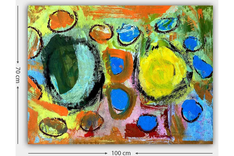 Canvas taulu 70x100 cm - Abstrakti sommitelma värikkäillä ympyröillä ja muodoilla, jotka luovat eloisan ja dynaamisen tunnelman - Vihreä / Keltainen / Sininen - Sisustustuotteet - Taulu & taide - Canvas-taulu
