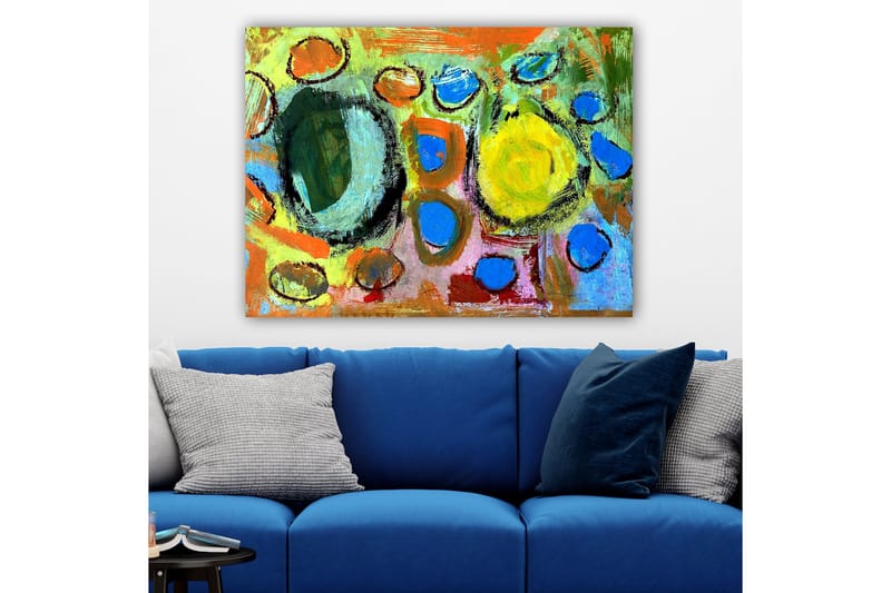 Canvas taulu 70x100 cm - Abstrakti sommitelma värikkäillä ympyröillä ja muodoilla, jotka luovat eloisan ja dynaamisen tunnelman, Vihreä / Keltainen / Sininen