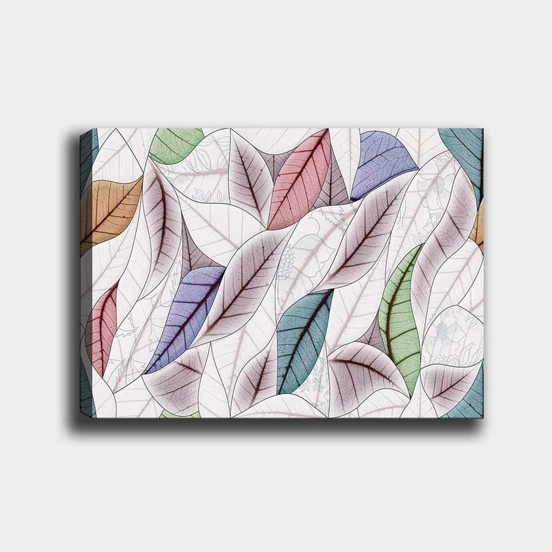 Canvas taulu 70x100 cm - Abstrakti sommitelma värikkäistä lehdistä eri muodoissa ja sävyissä, Vihreä / Punainen / Sininen