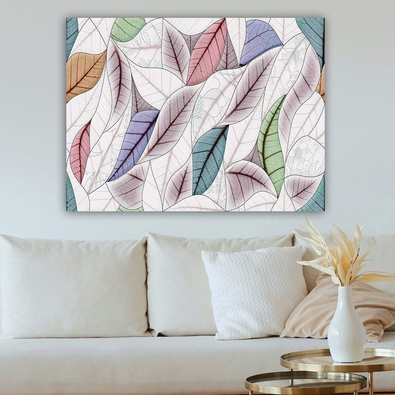 Canvas taulu 70x100 cm - Abstrakti sommitelma värikkäistä lehdistä eri muodoissa ja sävyissä - Vihreä / Punainen / Sininen - Sisustustuotteet - Taulu & taide - Canvas-taulu