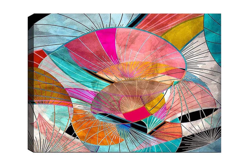 Canvas taulu 70x100 cm - Abstrakti sommitelma värikkäistä muodoista, jotka muistuttavat lehtiä tai sermejä, Vaaleanpunainen / Turkoosi / Oranssi