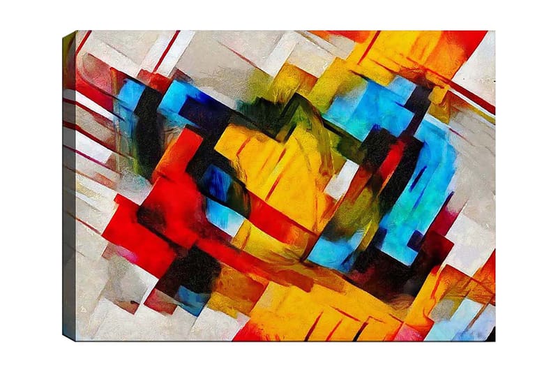 Canvas taulu 70x100 cm - Abstrakti sommitelma vahvoilla väreillä ja dynaamisilla muodoilla, Punainen / Sininen / Keltainen