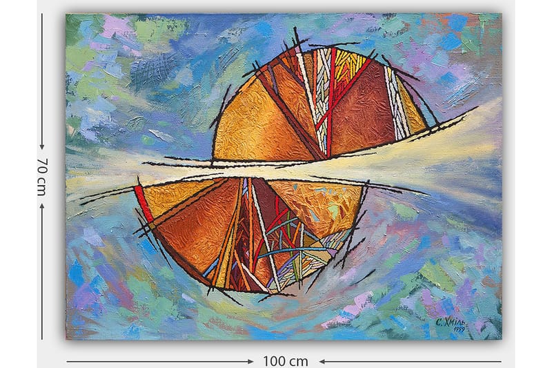 Canvas taulu 70x100 cm - Abstrakti sommitelma pyöreillä muodoilla ja geometrisilla kuvioilla lämpimissä väreissä - Kulta / Punainen / Oranssi - Sisustustuotteet - Taulu & taide - Canvas-taulu